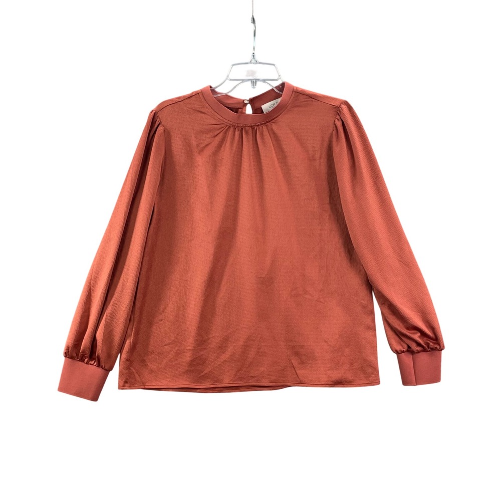 LOFT Blouse Womens Medium Rust Orange Mock Neck Pleated Long Sleeve Ribbed Cuff